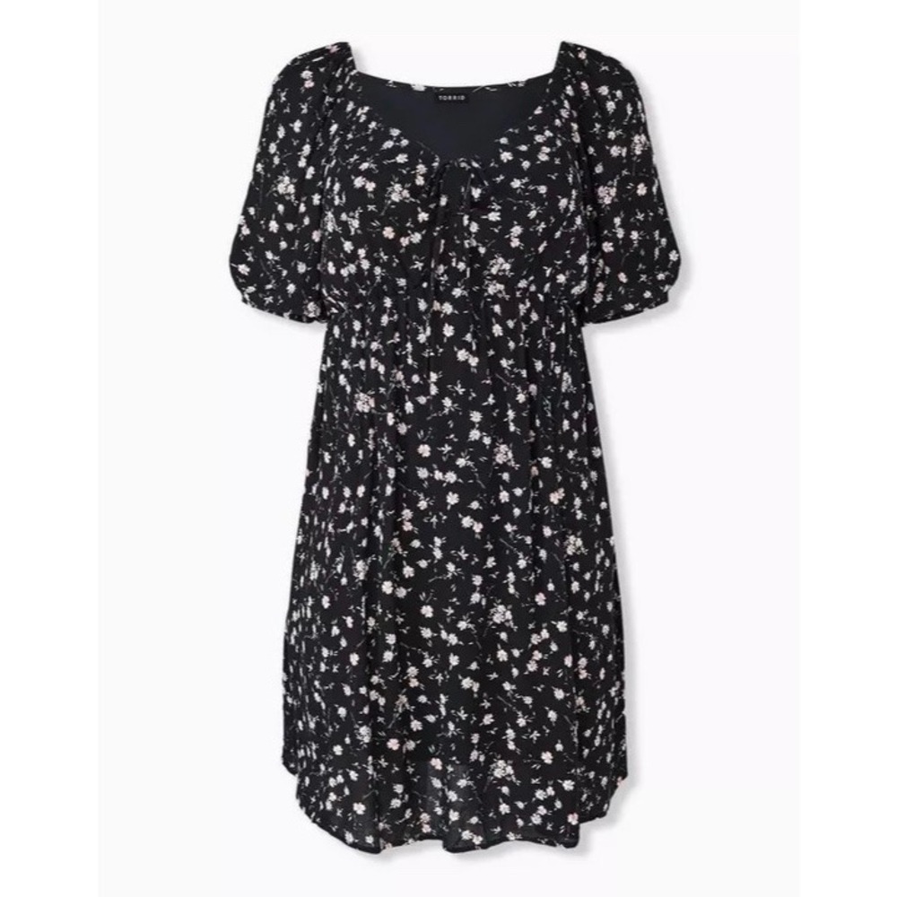 Torrid Womens Black Pink Floral Tie Front Sweetheart Puff Sleeve Mini Dress 1 XL